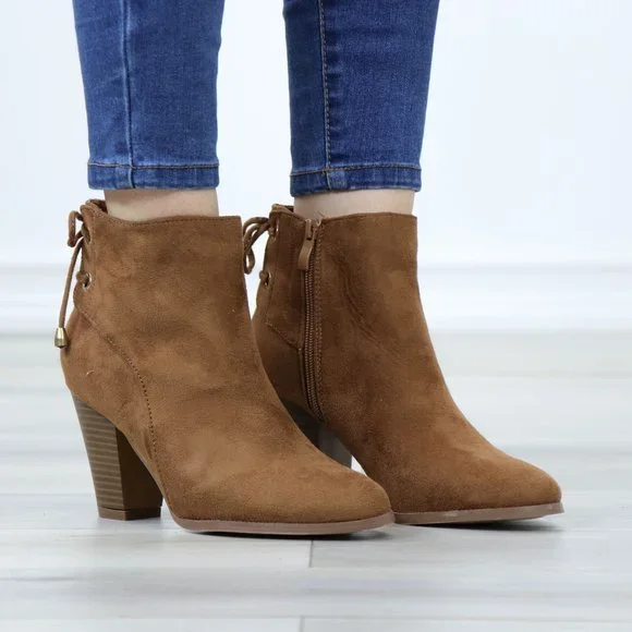 Brown Faux Suede Pointed Toe Low Heel Ankle Boots Back Laces Booties - Picture 2 of 12